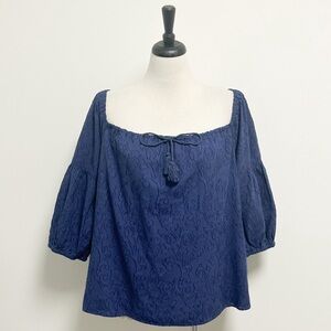 Ralph Lauren Indigo Blue Jacquard Square Neck 3/4 Blouson Sleeve Tassel Tie Top